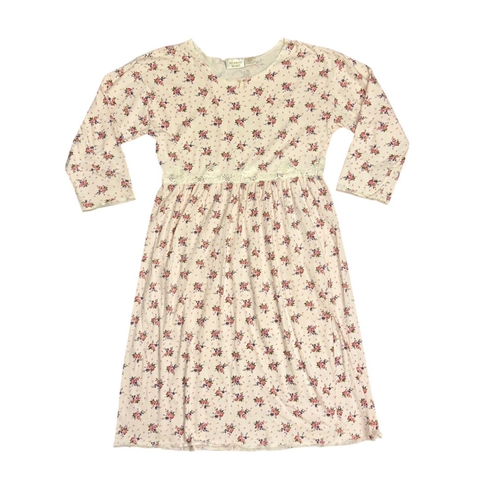Vtg Victorias Secret‎ Gold Label Floral Cotton Nightgown Lace Pink M/L cottage